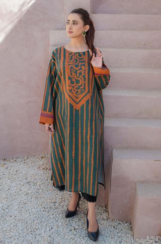 Shopmanto UK, Pakistani urdu calligraphy clothing brand manto UK ready to wear one piece paheli (riddle of life) women long shirt kurta green and orange