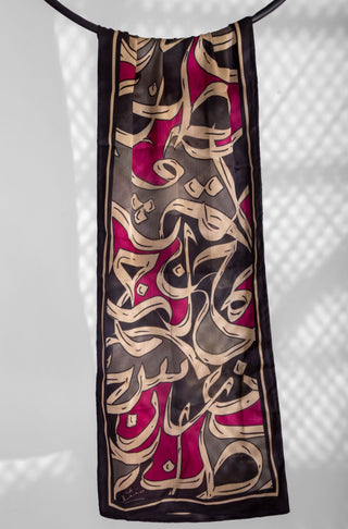 Shopmanto UK, Pakistani urdu calligraphy clothing brand manto UK ready to wear women one piece printed rung (colors of life) black pink silk urdu stole scarf