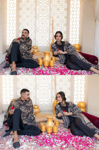 Shopmanto UK, Pakistani urdu calligraphy clothing brand manto UK ready to wear women one piece taj mahal (symbol of love) black jacquard front open outerwear coat shrug illustrating the story of mumtaz and shah jahan