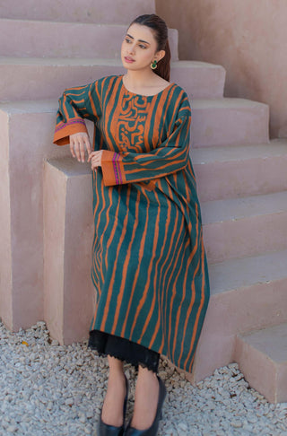 Shopmanto UK, Pakistani urdu calligraphy clothing brand manto UK ready to wear one piece paheli (riddle of life) women long shirt kurta green and orange