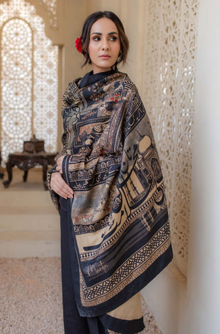 Shopmanto UK, Pakistani urdu calligraphy clothing brand manto UK ready to wear women one piece taj mahal (symbol of love) black double sided long shawl odhni illustrating the story of mumtaz and shah jahan