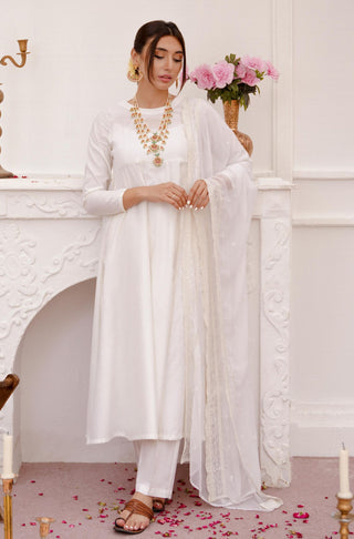 Shopmanto UK, manto UK, manto pakistani clothing brand, urdu calligraphy clothes, gown with dupatta, manto UK ready to wear three piece cloud white jahaan (universe) anarkali coord set with long frock with pockets straight pants and chiffon dupatta for women, festive collection pakistani clothes