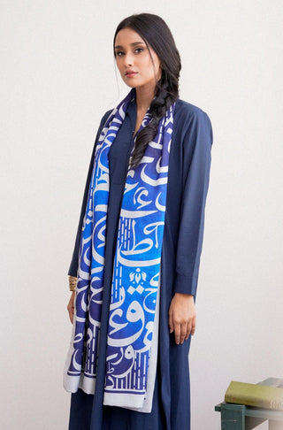 Shopmanto UK, manto pakistani clothing brand, urdu calligraphy clothes, manto UK ready to wear one piece unisex huroof (arabic letter) shaded blue textured stole scarf, pakistani urdu textured stole scarf muffler