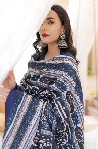 Shopmanto UK, Pakistani urdu calligraphy clothing brand manto UK ready to wear women one piece printed rashk (envious moon) blue and white double sided shawl long scarf odhni