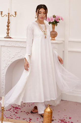 Shopmanto UK, manto UK, manto pakistani clothing brand, urdu calligraphy clothes, gown with dupatta, manto UK ready to wear three piece cloud white jahaan (universe) anarkali coord set with long frock with pockets straight pants and chiffon dupatta for women, festive collection pakistani clothes