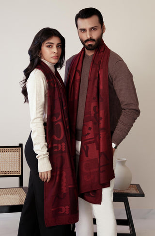 Shopmanto UK, manto pakistani clothing brand, urdu calligraphy clothes, manto UK ready to wear jazba (passion) maroon pakistani urdu weaved stole scarf