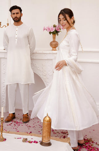 Shopmanto UK, manto UK, manto pakistani clothing brand, urdu calligraphy clothes, gown with dupatta, manto UK ready to wear three piece cloud white jahaan (universe) anarkali coord set with long frock with pockets straight pants and chiffon dupatta for women, festive collection pakistani clothes