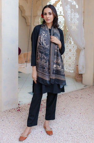 Shopmanto UK, Pakistani urdu calligraphy clothing brand manto UK ready to wear women one piece taj mahal (symbol of love) black crepe silk scarf stole illustrating the story of mumtaz and shah jahan