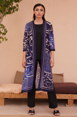 Shopmanto UK, manto pakistani clothing brand, urdu calligraphy clothes, manto UK one piece ready to wear huroof (arabic letter) shaded blue urdu outerwear shrug, pakistani urdu outerwear breathable shrug