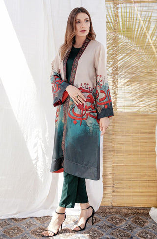 Shopmanto UK, Pakistani urdu calligraphy clothing brand manto UK ready to wear one piece noor (light of grace) shades of forest women long shrug outerwear cape crepe silk