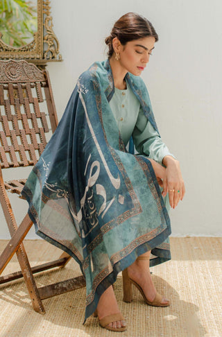 Shopmanto UK, manto UK, manto pakistani clothing brand, urdu calligraphy clothes, manto UK ready to wear falak (sky) shades of sea urdu scarf, pakistani urdu hijab friendly scarf