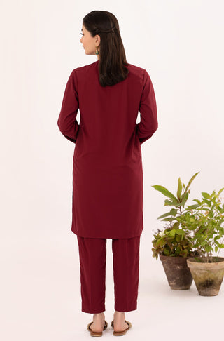 Shopmanto UK, Pakistani urdu calligraphy clothing brand manto UK ready to wear two piece ruby red wash n wear lucknow coord set with long shirt and straight pants