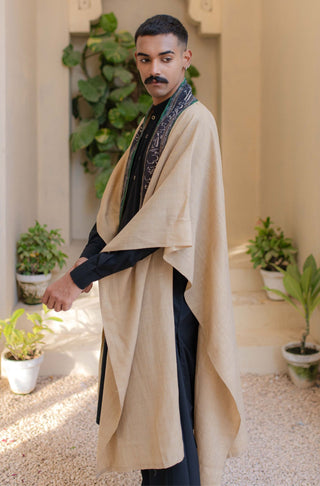 Shopmanto UK, Pakistani urdu calligraphy clothing brand manto UK ready to wear women one piece sehar (new beginnings) beige and green urdu cape outerwear shrug