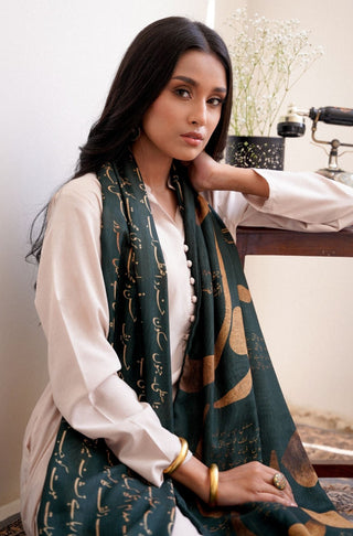 Shopmanto UK, Pakistani urdu calligraphy clothing brand manto UK ready to wear one piece textured junoon (passion) emerald green stole muffler scarf