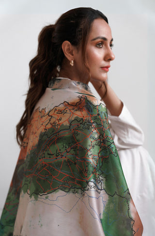 Shopmanto UK, Pakistani urdu calligraphy clothing brand manto UK ready to wear one piece pehchaan (identity) multi color crepe silk women scarf stole