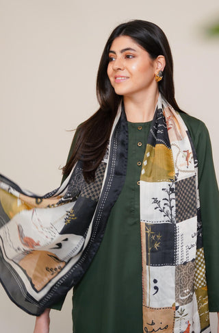 Shopmanto UK, Pakistani urdu calligraphy clothing brand manto UK ready to wear women one piece safar (journey of life) green and black urdu crepe silk stole