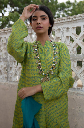 Shopmanto UK, Pakistani urdu calligraphy clothing brand manto UK ready to wear one piece khayaal (thoughts of manto) lime green lawn long shirt kurta