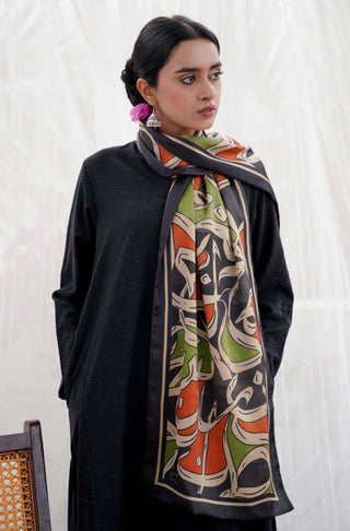 Shopmanto UK, Pakistani urdu calligraphy clothing brand manto UK ready to wear women one piece printed rung (colors of life) green orange silk urdu stole scarf