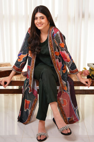 Shopmanto UK, manto UK, manto pakistani clothing brand, manto pakistan, urdu calligraphy clothes, manto UK women one piece dhanak (rainbow) long crepe shrug shades of green, manto crepe collection