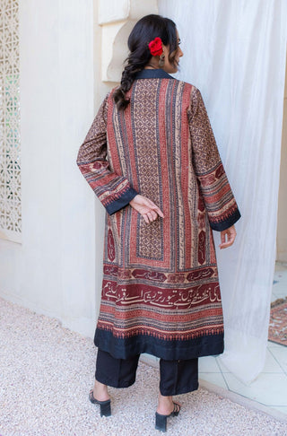 Shopmanto UK, Pakistani urdu calligraphy clothing brand manto UK ready to wear women one piece printed rashk (envious moon) maroon long jacquard urdu coat outerwear shrug