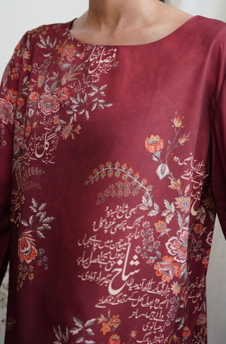 Shopmanto UK, manto UK, manto pakistani clothing brand, manto pakistan, urdu calligraphy clothes, manto UK women two piece deep maroon chaman (garden) crepe coord set with long shirt and straight pants, manto crepe collection