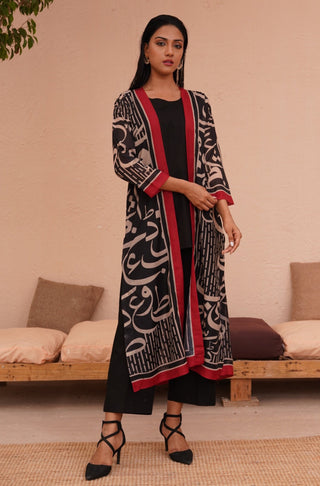 Shopmanto UK, manto pakistani clothing brand, urdu calligraphy clothes, manto UK one piece ready to wear huroof (arabic letter) black urdu outerwear shrug, pakistani urdu outerwear breathable shrug