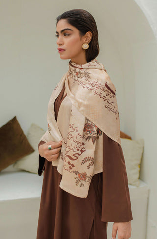 Shopmanto UK, manto UK, manto pakistani clothing brand, urdu calligraphy clothes, manto UK antique beige chaman (garden) urdu crepe silk scarf stole, pakistani urdu crepe silk scarf