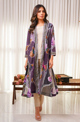 Shopmanto UK, manto UK, manto pakistani clothing brand, manto pakistan, urdu calligraphy clothes, manto UK women one piece dhanak (rainbow) long crepe shrug shades of purple, manto crepe collection