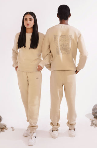 Manto, Most Comfy Ready to Wear Unisex Triple Layered Premium Fleece French Vanilla Talaash Sweatshirt with Urdu Calligraphy of Poetry by Nida Fazli Paired with French Vanilla Jogger Pants