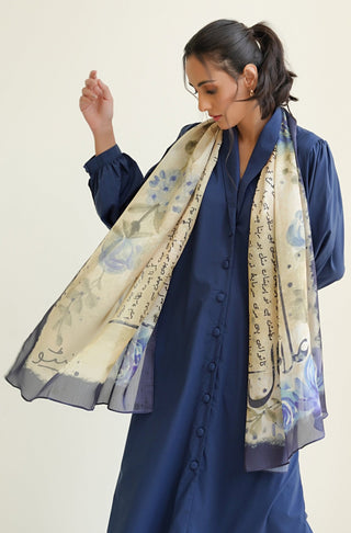 Shopmanto UK, manto pakistani clothing brand, urdu calligraphy clothes, manto UK ready to wear one piece gulaab (rose) blue and cream silk stole scarf for women, pakistani urdu silk stole scarf