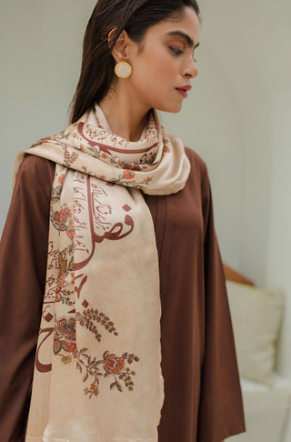 Shopmanto UK, manto UK, manto pakistani clothing brand, urdu calligraphy clothes, manto UK antique beige chaman (garden) urdu crepe silk scarf stole, pakistani urdu crepe silk scarf