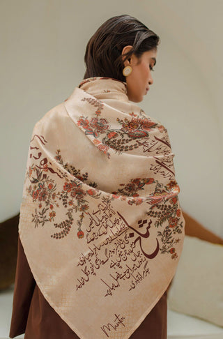 Shopmanto UK, manto UK, manto pakistani clothing brand, urdu calligraphy clothes, manto UK antique beige chaman (garden) urdu crepe silk scarf stole, pakistani urdu crepe silk scarf