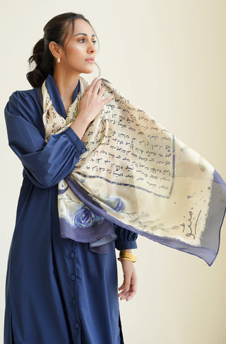 Shopmanto UK, manto pakistani clothing brand, urdu calligraphy clothes, manto UK ready to wear one piece gulaab (rose) blue and cream silk stole scarf for women, pakistani urdu silk stole scarf