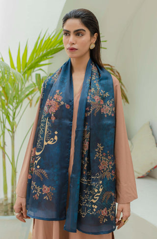 Shopmanto UK, manto UK, manto pakistani clothing brand, urdu calligraphy clothes, manto UK midnight blue chaman (garden) urdu crepe silk scarf stole, pakistani urdu crepe silk scarf