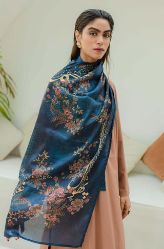 Shopmanto UK, manto UK, manto pakistani clothing brand, urdu calligraphy clothes, manto UK midnight blue chaman (garden) urdu crepe silk scarf stole, pakistani urdu crepe silk scarf