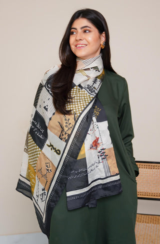 Shopmanto UK, Pakistani urdu calligraphy clothing brand manto UK ready to wear women one piece safar (journey of life) green and black urdu crepe silk stole