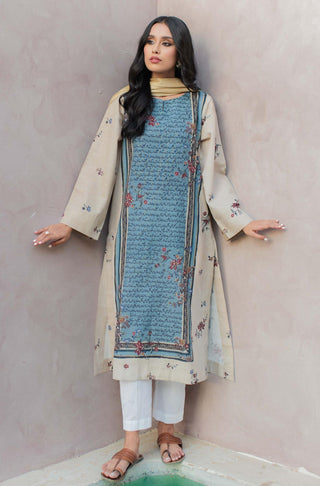 Shopmanto UK, Pakistani urdu calligraphy clothing brand manto UK ready to wear one piece khaddar phool (flower) blue and beige women long shirt kurta