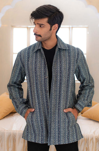 Shopmanto UK, Pakistani urdu calligraphy clothing brand manto UK ready to wear one piece kaavish (efforts) teal and blue front open button down overshirt