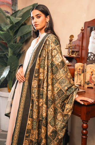 Shopmanto UK, Pakistani urdu calligraphy clothing brand manto UK ready to wear one piece jugnu (firefly) royal green odhni dupatta scarf shawl