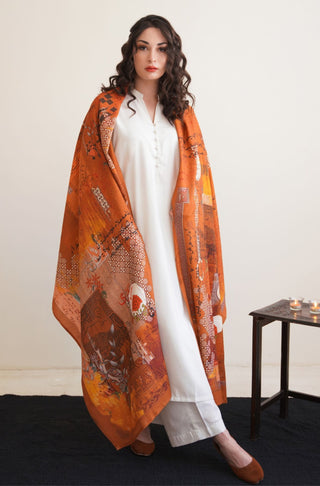 Shopmanto UK, Pakistani urdu calligraphy clothing brand manto UK ready to wear one piece textured khat-nama (letter of devotion) rust shawl long scarf