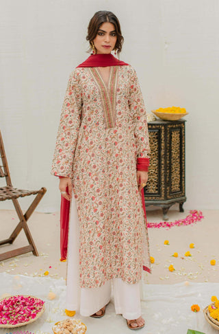 Shopmanto UK, Pakistani urdu calligraphy clothing brand manto UK ready to wear women one piece printed roshni (the spark within) beige and red urdu long kurta shirt