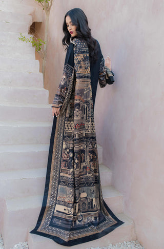 Shopmanto UK, Pakistani urdu calligraphy clothing brand manto UK ready to wear women two piece taj mahal (symbol of love) black jacquard matching coord set with long shirt and straight pants illustrating the story of mumtaz and shah jahan