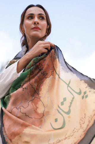 Shopmanto UK, Pakistani urdu calligraphy clothing brand manto UK ready to wear one piece pehchaan (identity) multi color crepe silk women scarf stole