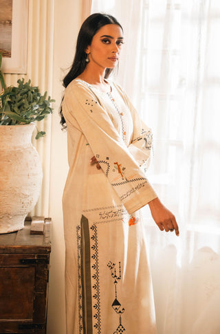 Shopmanto UK, Pakistani urdu calligraphy clothing brand manto UK ready to wear women one piece safar (journey of life) ivory cream urdu long lawn cotton kurta shirt