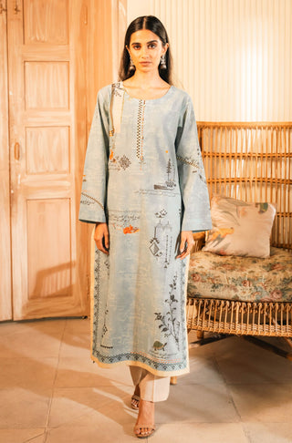 Shopmanto UK, Pakistani urdu calligraphy clothing brand manto UK ready to wear women one piece safar (journey of life) pastel Blue urdu long lawn cotton kurta shirt