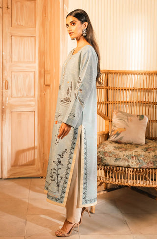 Shopmanto UK, Pakistani urdu calligraphy clothing brand manto UK ready to wear women one piece safar (journey of life) pastel Blue urdu long lawn cotton kurta shirt