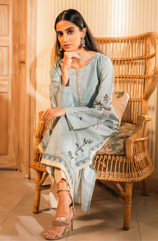 Shopmanto UK, Pakistani urdu calligraphy clothing brand manto UK ready to wear women one piece safar (journey of life) pastel Blue urdu long lawn cotton kurta shirt