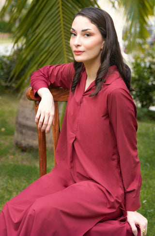 Shopmanto UK, Pakistani urdu calligraphy clothing brand manto UK ready to wear women two piece mira ruby red wash n wear coord set