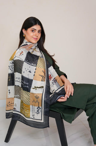 Shopmanto UK, Pakistani urdu calligraphy clothing brand manto UK ready to wear women one piece safar (journey of life) green and black urdu crepe silk stole