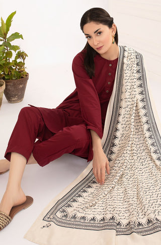 Shopmanto UK, Pakistani urdu calligraphy clothing brand manto UK ready to wear two piece ruby red wash n wear lucknow coord set with long shirt and straight pants